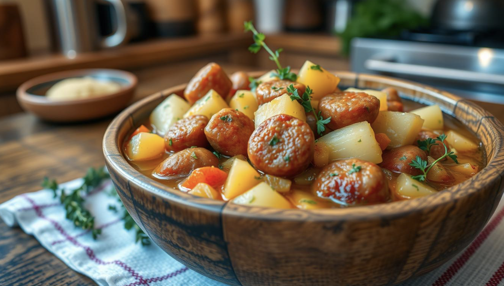 Deftiger Sauerkraut-Eintopf mit Würstchen und Gemüse